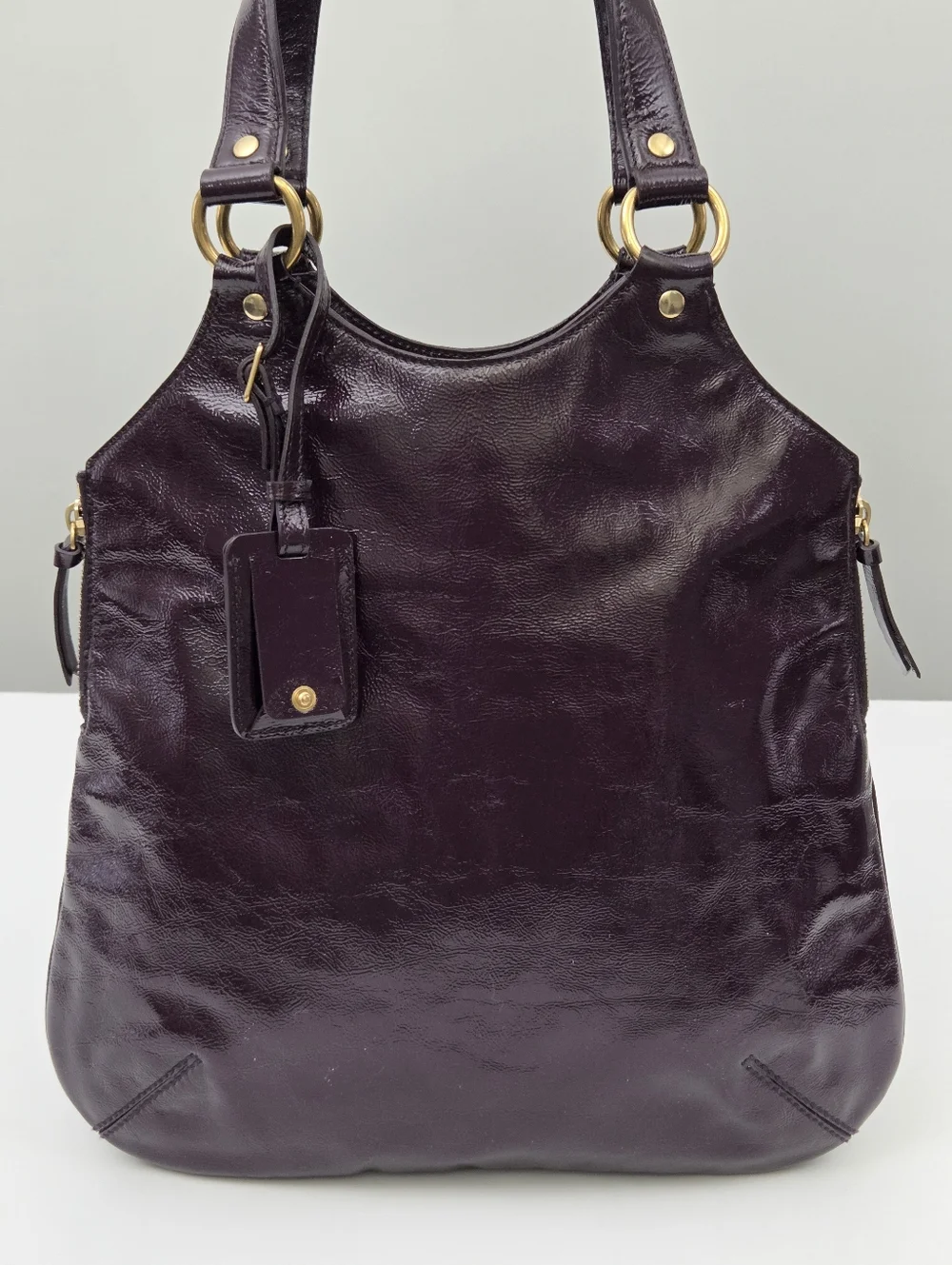 YSL YVES SAINT LAURENT SAC METROPOLIS / TRIBUTE BAG AUBERGINE EGGPLANT PATENT - Picture 2 of 10